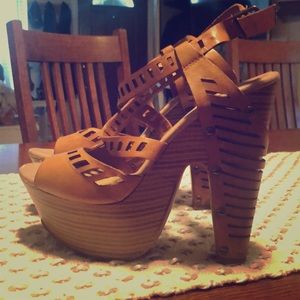 Jessica Simpson Tan Leather Cut Out Wedge Heels
